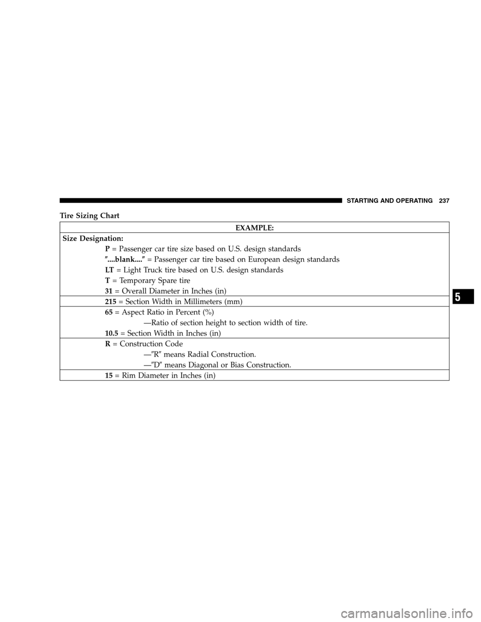 DODGE MAGNUM 2007 1.G Owners Manual Tire Sizing Chart
EXAMPLE:
Size Designation:
P= Passenger car tire size based on U.S. design standards
....blank....= Passenger car tire based on European design standards
LT= Light Truck tire based