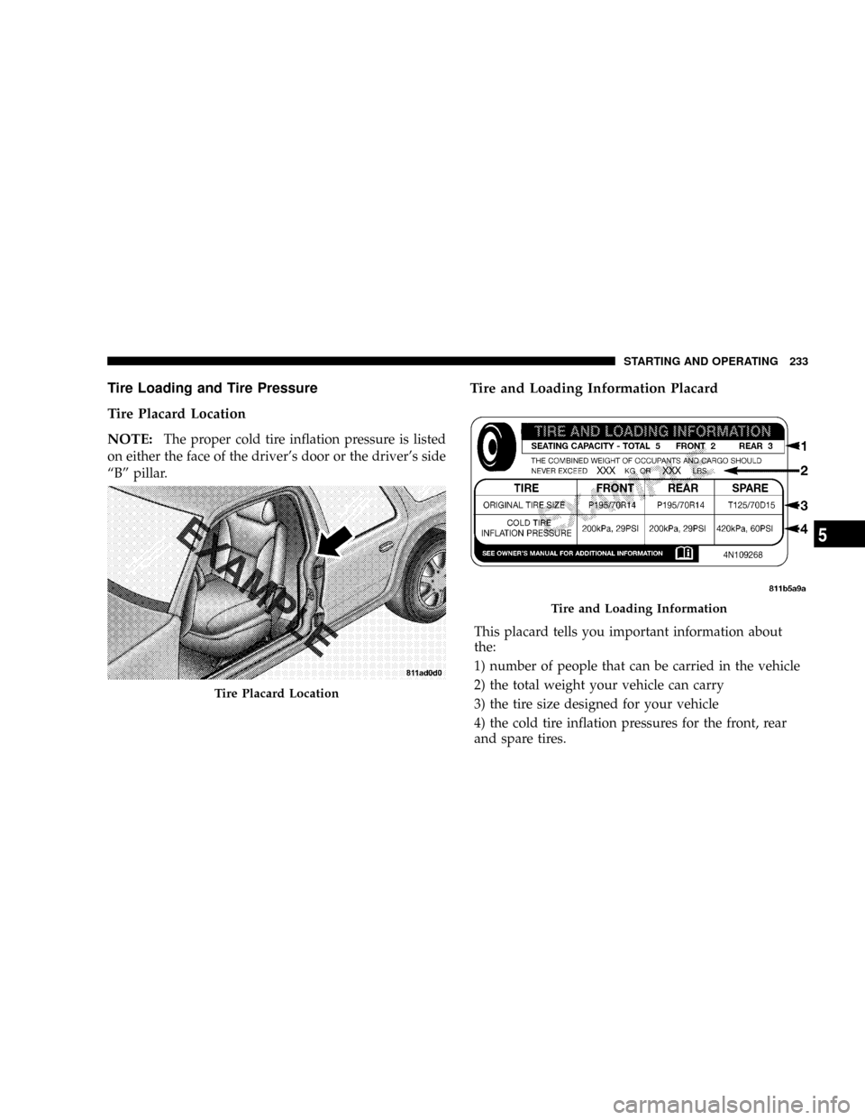 DODGE MAGNUM SRT 2007 1.G Owners Manual Tire Loading and Tire Pressure
Tire Placard Location
NOTE:
The proper cold tire inflation pressure is listed
on either the face of the drivers door or the drivers side
ªBº pillar.
Tire and Loading DODGE MAGNUM SRT 2007 1.G Owners Manual Tire Loading and Tire Pressure
Tire Placard Location
NOTE:
The proper cold tire inflation pressure is listed
on either the face of the drivers door or the drivers side
ªBº pillar.
Tire and Loading