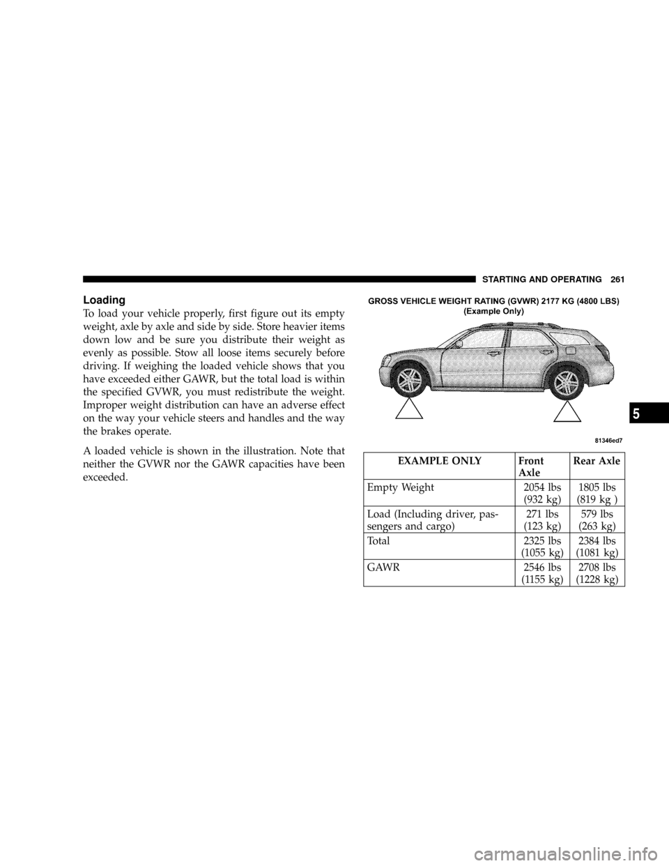 DODGE MAGNUM SRT 2007 1.G Owners Manual Loading
To load your vehicle properly, first figure out its empty
weight, axle by axle and side by side. Store heavier items
down low and be sure you distribute their weight as
evenly as possible. Sto DODGE MAGNUM SRT 2007 1.G Owners Manual Loading
To load your vehicle properly, first figure out its empty
weight, axle by axle and side by side. Store heavier items
down low and be sure you distribute their weight as
evenly as possible. Sto