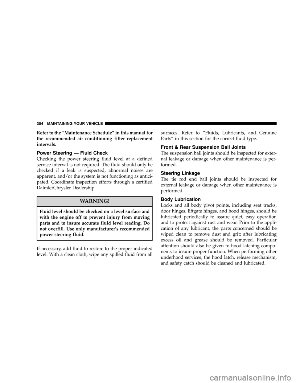 DODGE MAGNUM SRT 2007 1.G Owners Manual Refer to the ªMaintenance Scheduleº in this manual for
the recommended air conditioning filter replacement
intervals.
Power Steering Ð Fluid Check
Checking the power steering fluid level at a defin DODGE MAGNUM SRT 2007 1.G Owners Manual Refer to the ªMaintenance Scheduleº in this manual for
the recommended air conditioning filter replacement
intervals.
Power Steering Ð Fluid Check
Checking the power steering fluid level at a defin