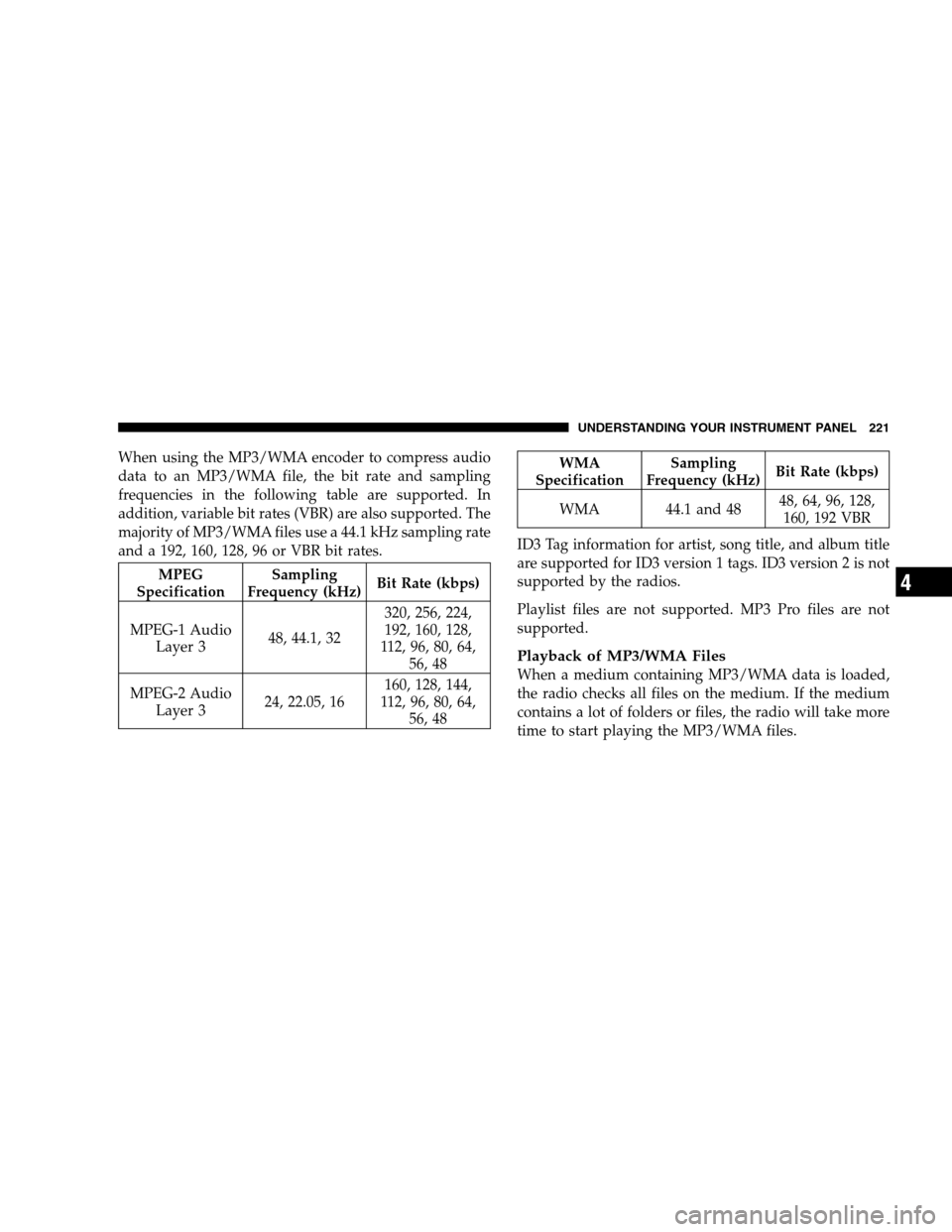 DODGE MAGNUM SRT 2008 1.G Owners Manual When using the MP3/WMA encoder to compress audio
data to an MP3/WMA file, the bit rate and sampling
frequencies in the following table are supported. In
addition, variable bit rates (VBR) are also sup
