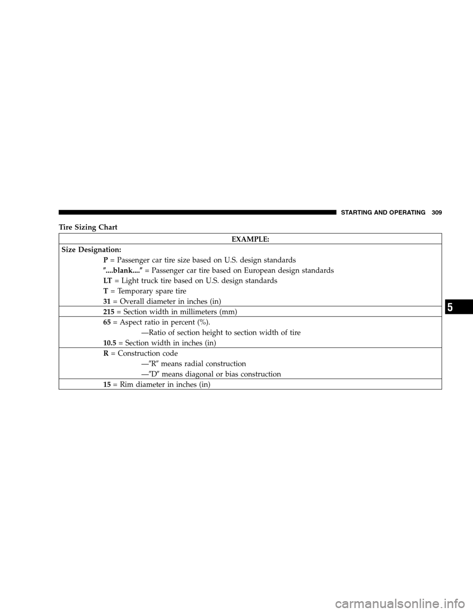 DODGE MAGNUM SRT 2008 1.G Owners Manual Tire Sizing Chart
EXAMPLE:
Size Designation:
P= Passenger car tire size based on U.S. design standards
....blank....= Passenger car tire based on European design standards
LT= Light truck tire based