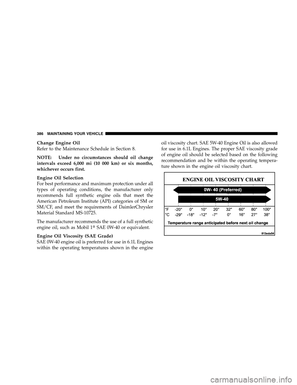 DODGE MAGNUM SRT 2008 1.G Owners Manual Change Engine Oil
Refer to the Maintenance Schedule in Section 8.
NOTE: Under no circumstances should oil change
intervals exceed 6,000 mi (10 000 km) or six months,
whichever occurs first.
Engine Oil