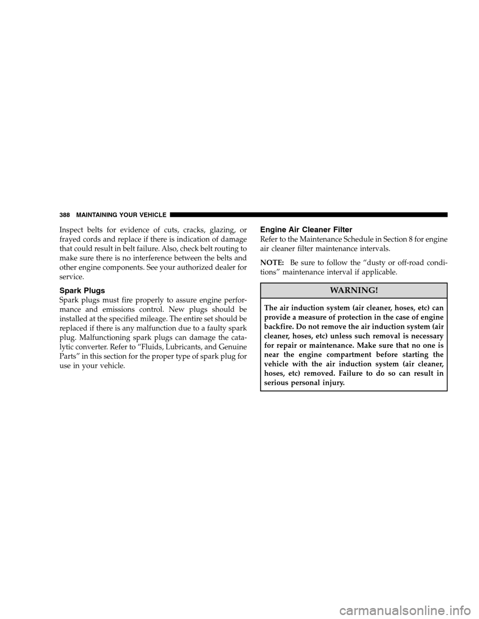 DODGE MAGNUM SRT 2008 1.G Owners Manual Inspect belts for evidence of cuts, cracks, glazing, or
frayed cords and replace if there is indication of damage
that could result in belt failure. Also, check belt routing to
make sure there is no i