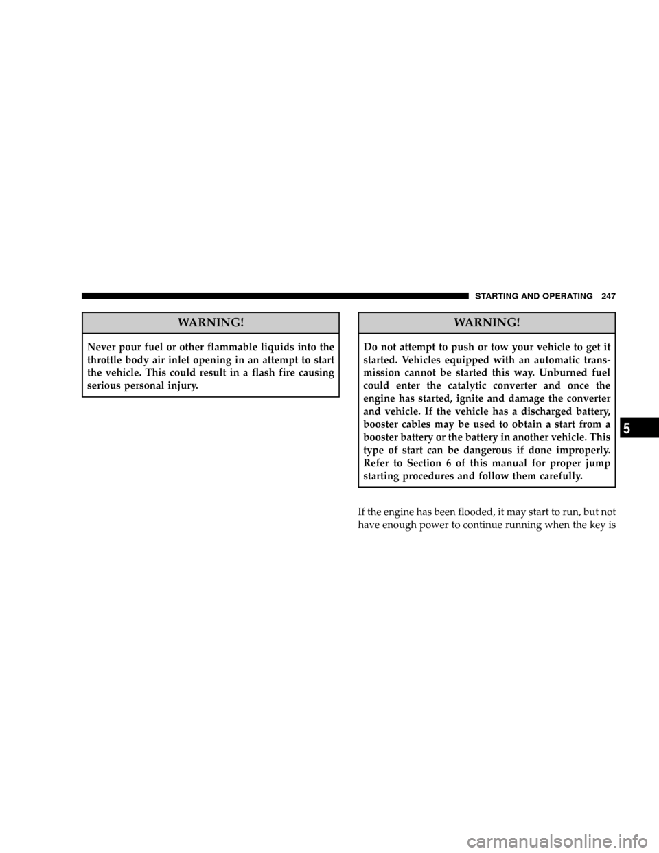 DODGE NITRO 2008 1.G Owners Manual WARNING!
Never pour fuel or other flammable liquids into the
throttle body air inlet opening in an attempt to start
the vehicle. This could result in a flash fire causing
serious personal injury.
WARN