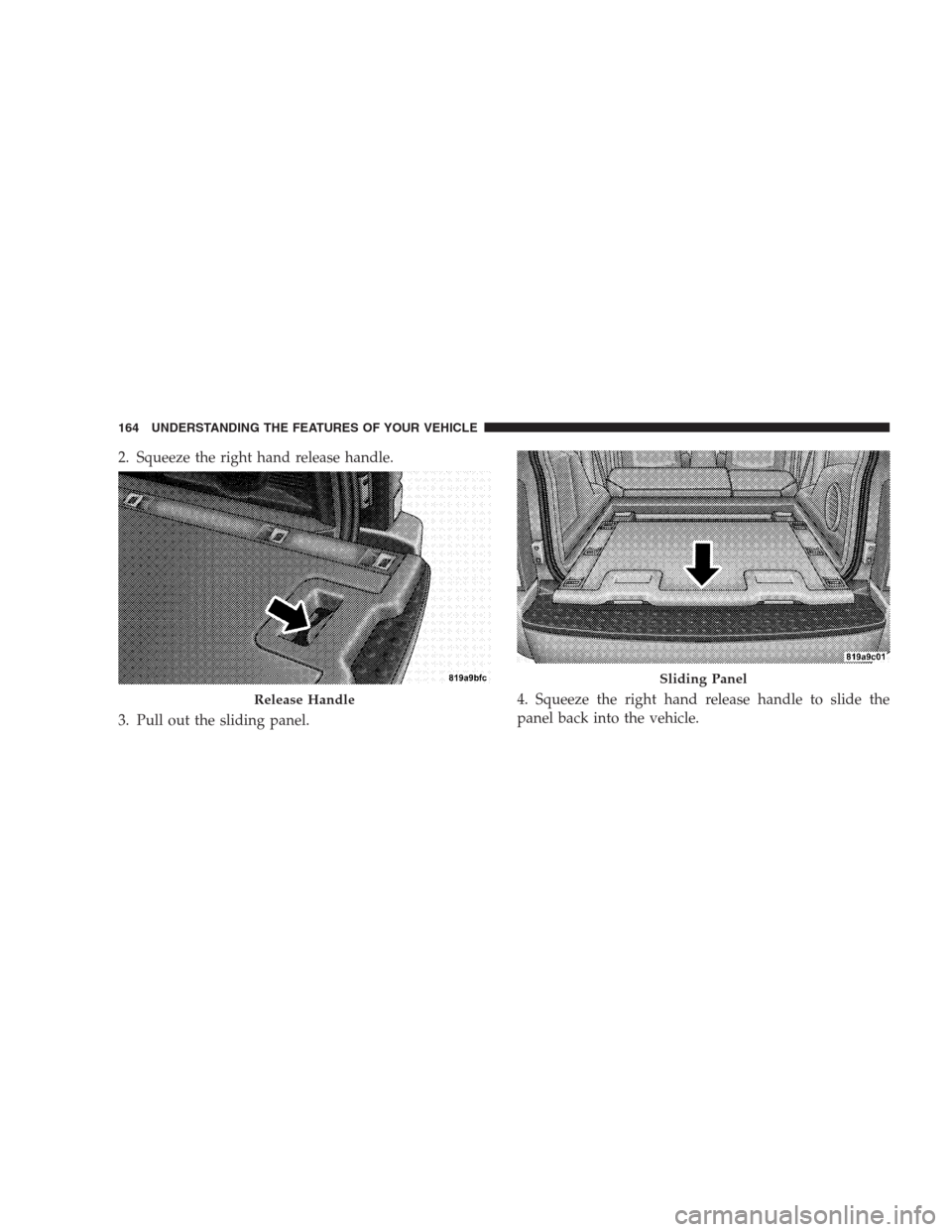 DODGE NITRO 2009 1.G Owners Manual 2. Squeeze the right hand release handle.
3. Pull out the sliding panel.4. Squeeze the right hand release handle to slide the
panel back into the vehicle.
Release Handle
Sliding Panel
164 UNDERSTANDIN