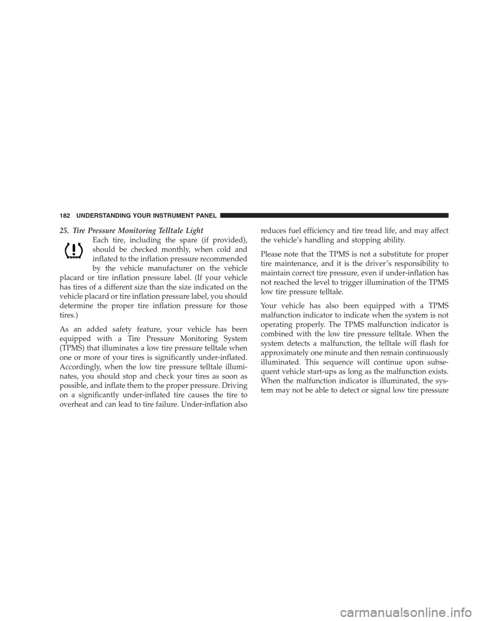 DODGE NITRO 2009 1.G Owners Manual 25. Tire Pressure Monitoring Telltale Light
Each tire, including the spare (if provided),
should be checked monthly, when cold and
inflated to the inflation pressure recommended
by the vehicle manufac