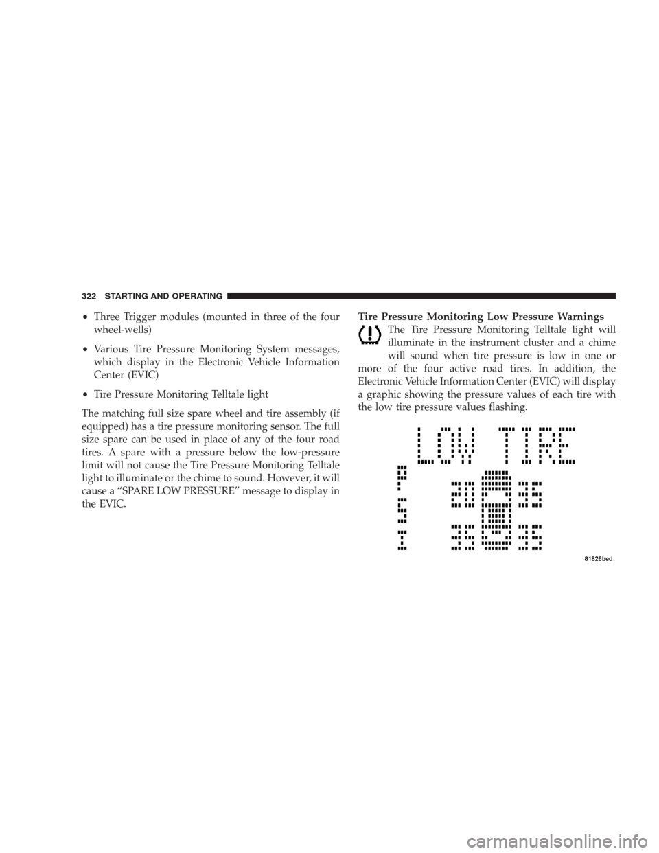 DODGE NITRO 2009 1.G Owners Manual •Three Trigger modules (mounted in three of the four
wheel-wells)
•Various Tire Pressure Monitoring System messages,
which display in the Electronic Vehicle Information
Center (EVIC)
•Tire Press