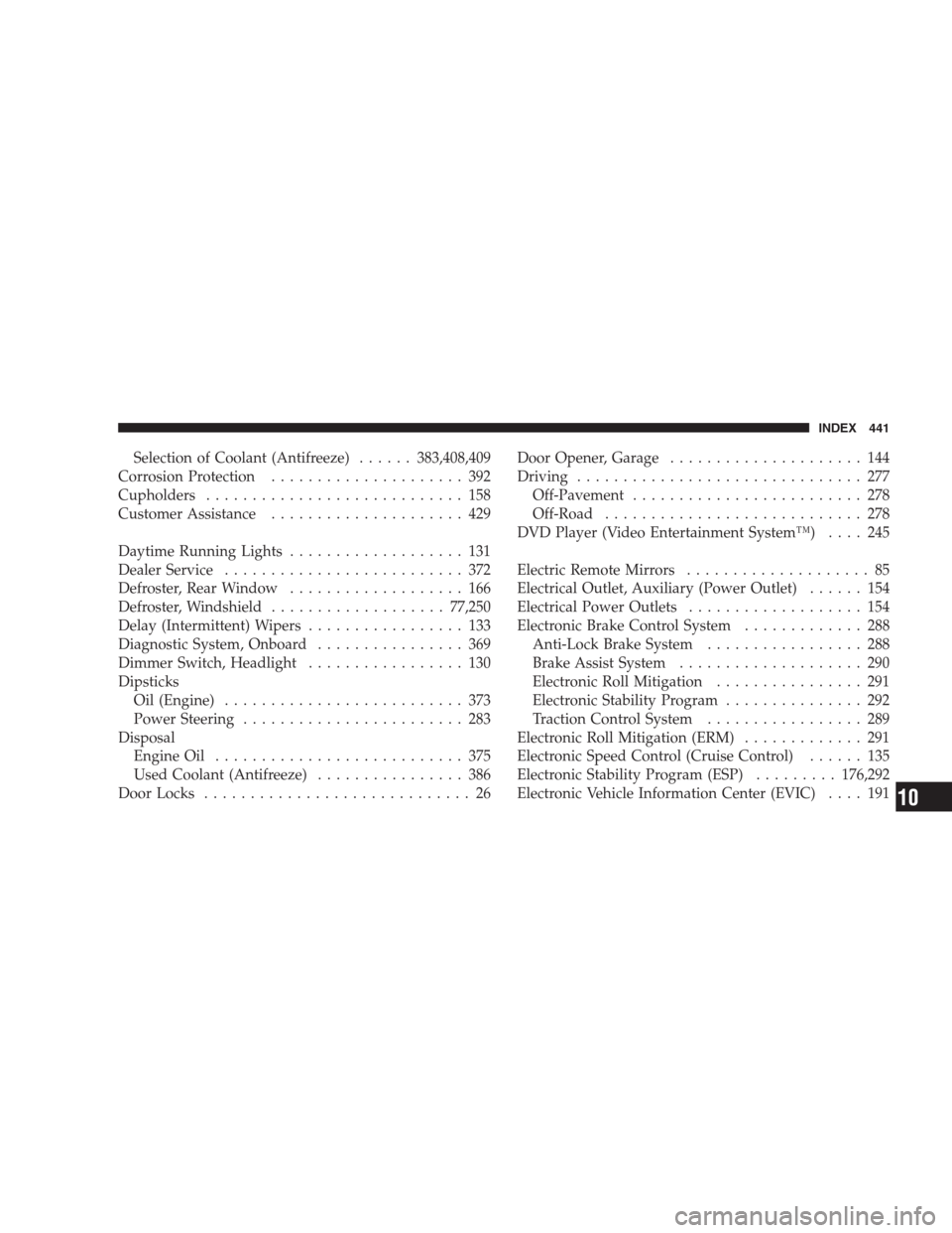 DODGE NITRO 2009 1.G Owners Manual Selection of Coolant (Antifreeze)......383,408,409
Corrosion Protection..................... 392
Cupholders............................ 158
Customer Assistance..................... 429
Daytime Running