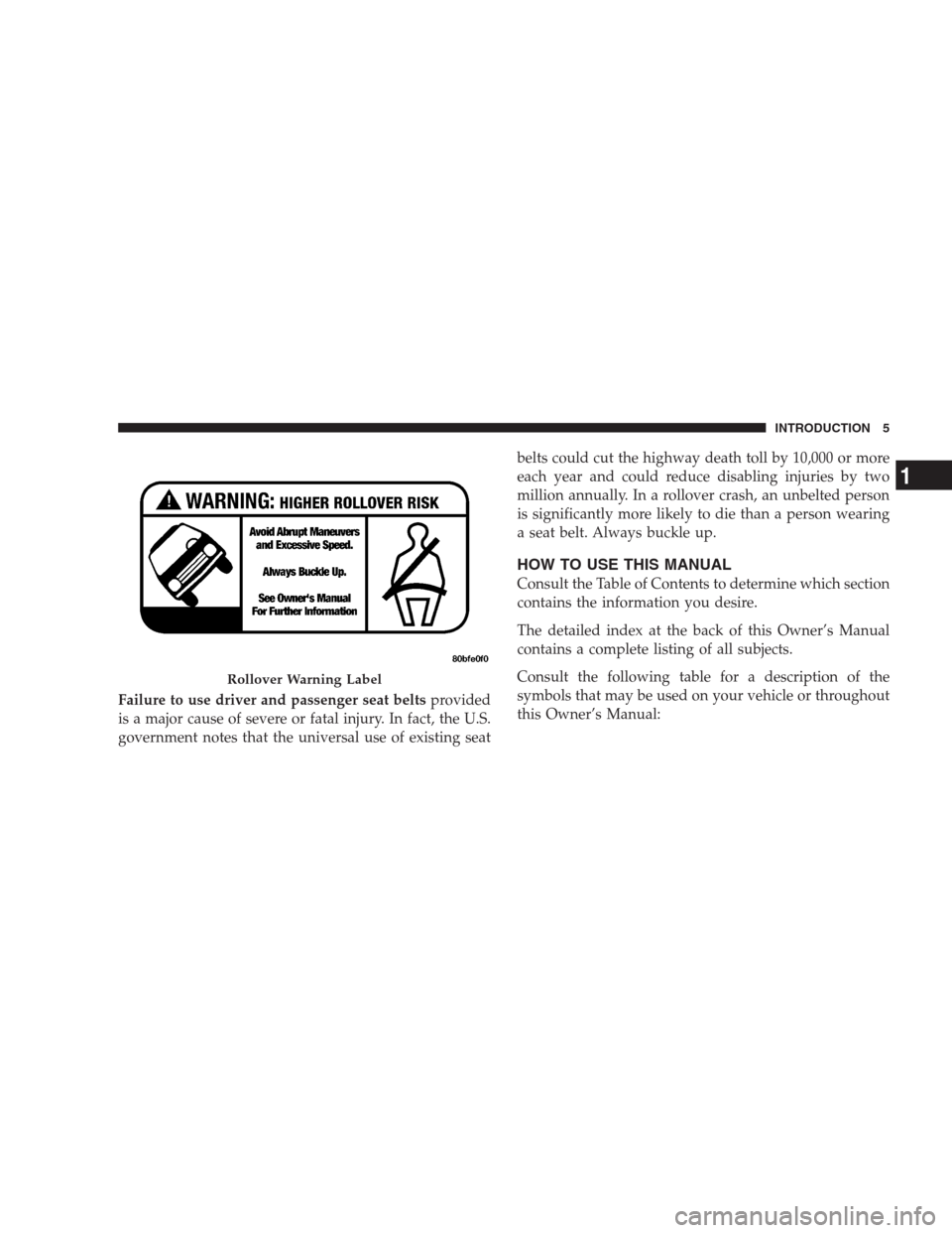 DODGE NITRO 2009 1.G Owners Manual Failure to use driver and passenger seat beltsprovided
is a major cause of severe or fatal injury. In fact, the U.S.
government notes that the universal use of existing seatbelts could cut the highway