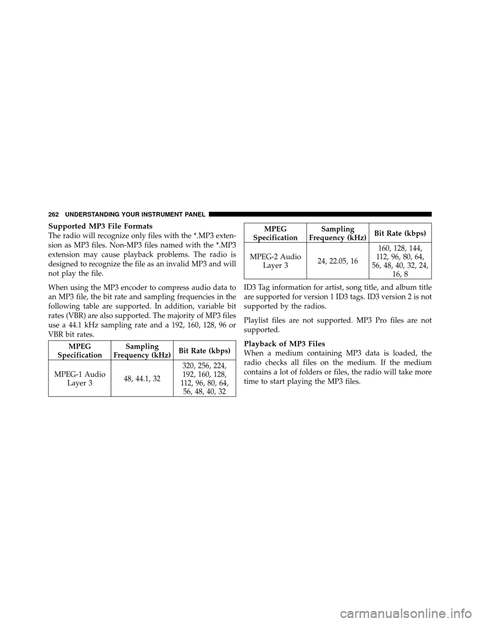DODGE NITRO 2010 1.G Owners Manual Supported MP3 File Formats
The radio will recognize only files with the *.MP3 exten-
sion as MP3 files. Non-MP3 files named with the *.MP3
extension may cause playback problems. The radio is
designed 