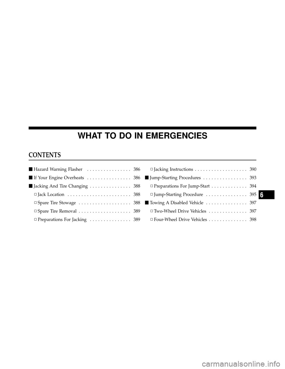 DODGE NITRO 2010 1.G Owners Manual WHAT TO DO IN EMERGENCIES
CONTENTS
Hazard Warning Flasher ................ 386
 If Your Engine Overheats ................ 386
 Jacking And Tire Changing ............... 388
▫ Jack Location ......