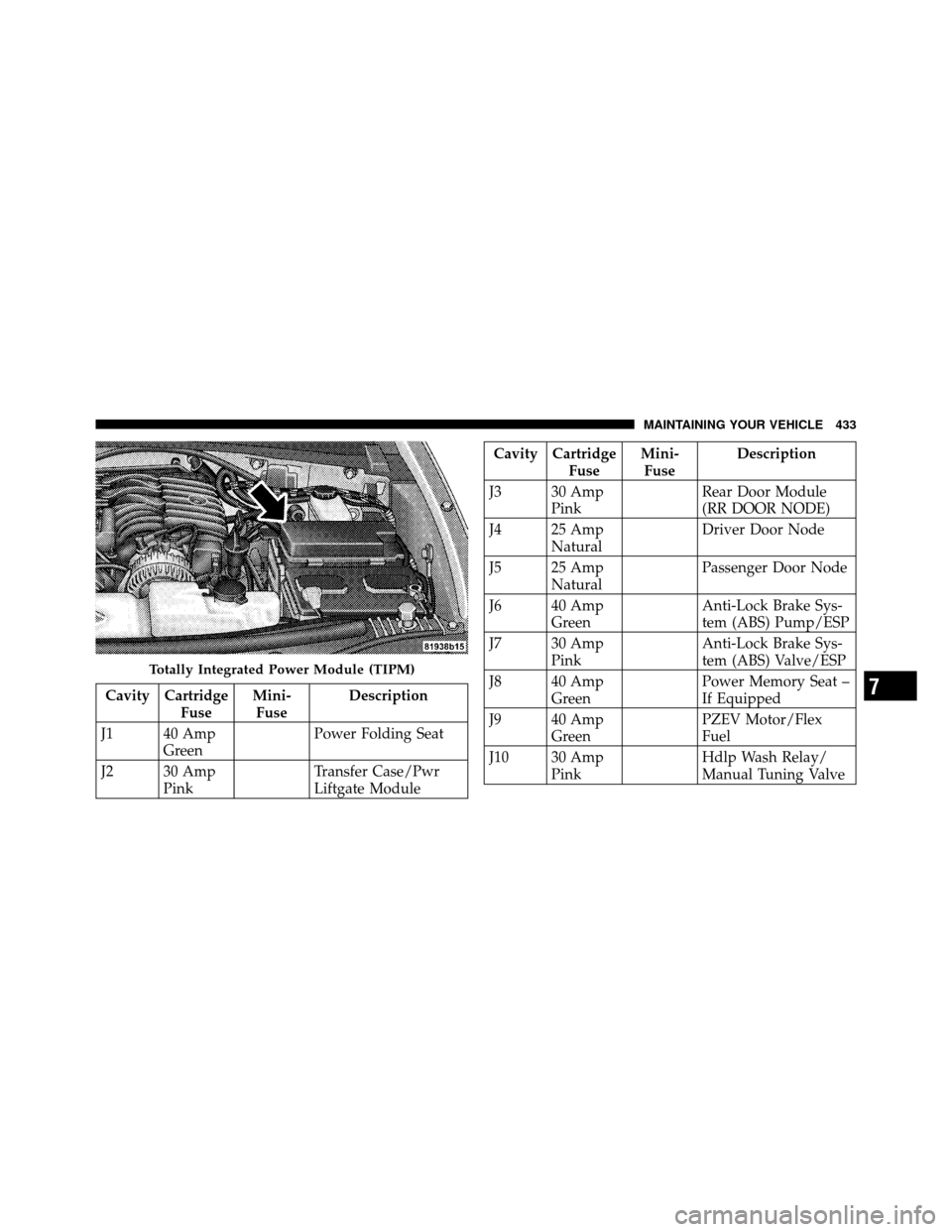 DODGE NITRO 2010 1.G Owners Manual Cavity CartridgeFuseMini-
Fuse Description
J1 40 Amp Green Power Folding Seat
J2 30 Amp Pink Transfer Case/Pwr
Liftgate Module
Cavity Cartridge
FuseMini-
Fuse Description
J3 30 Amp Pink Rear Door Modu