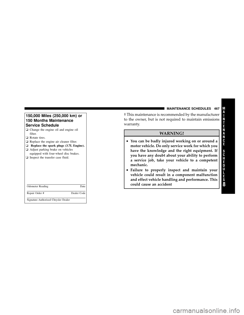 DODGE NITRO 2010 1.G Owners Manual † This maintenance is recommended by the manufacturer
to the owner, but is not required to maintain emissions
warranty.
WARNING!
•You can be badly injured working on or around a
motor vehicle. Do 