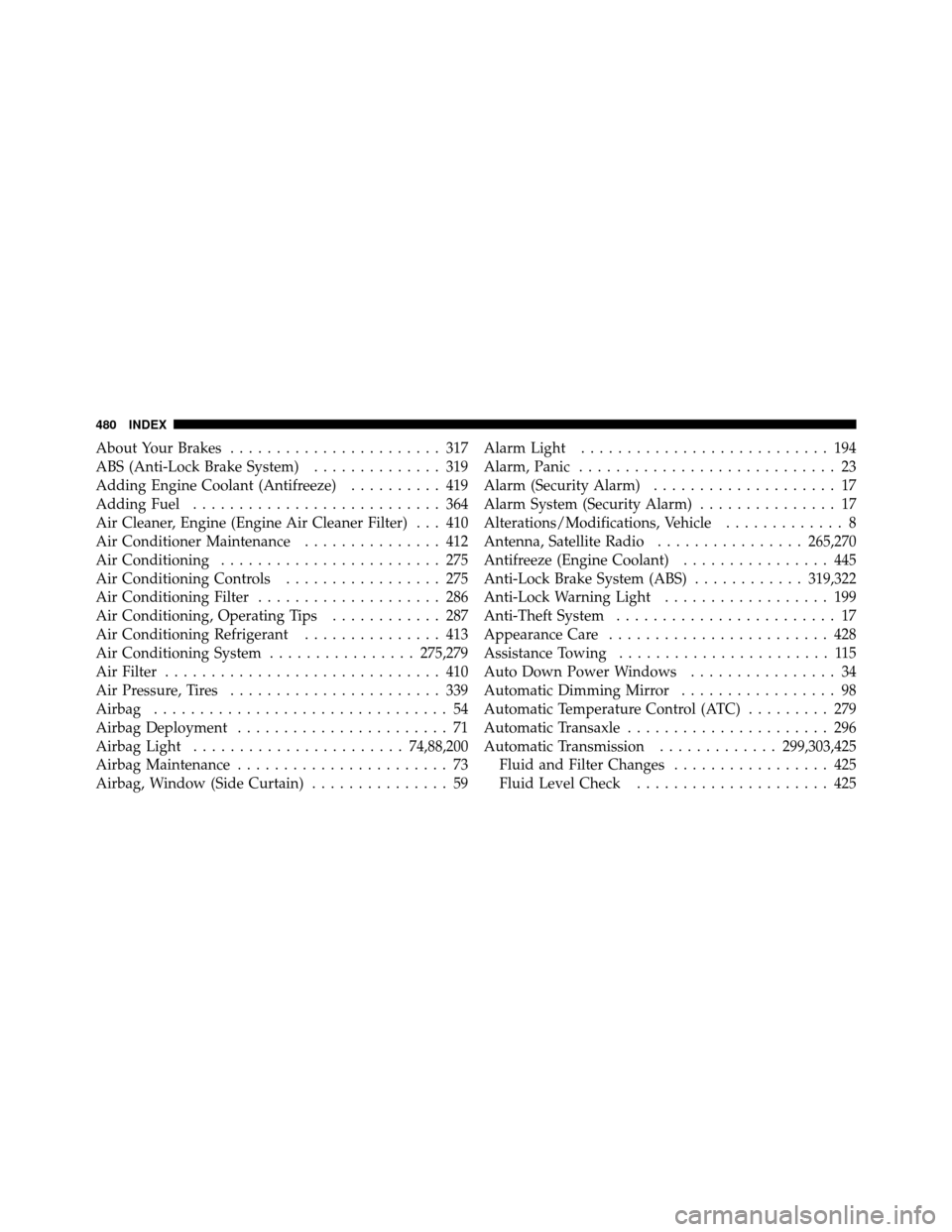 DODGE NITRO 2010 1.G Owners Manual About Your Brakes....................... 317
ABS (Anti-Lock Brake System) .............. 319
Adding Engine Coolant (Antifreeze) .......... 419
Adding Fuel ........................... 364
Air Cleaner, 