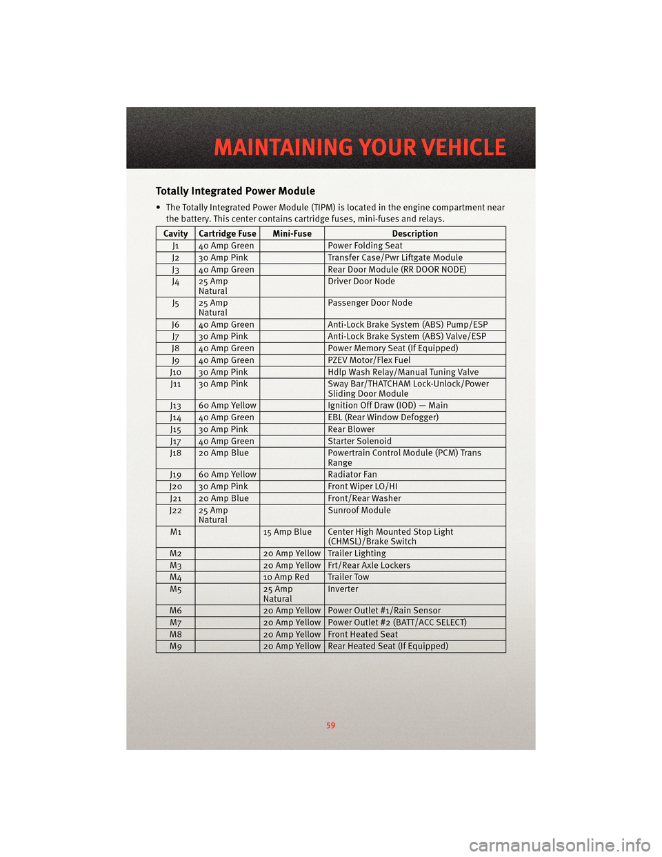DODGE NITRO 2010 1.G Owners Manual Totally Integrated Power Module
• The Totally Integrated Power Module (TIPM) is located in the engine compartment near
the battery. This center contains cartridge fuses, mini-fuses and relays.
Cavit
