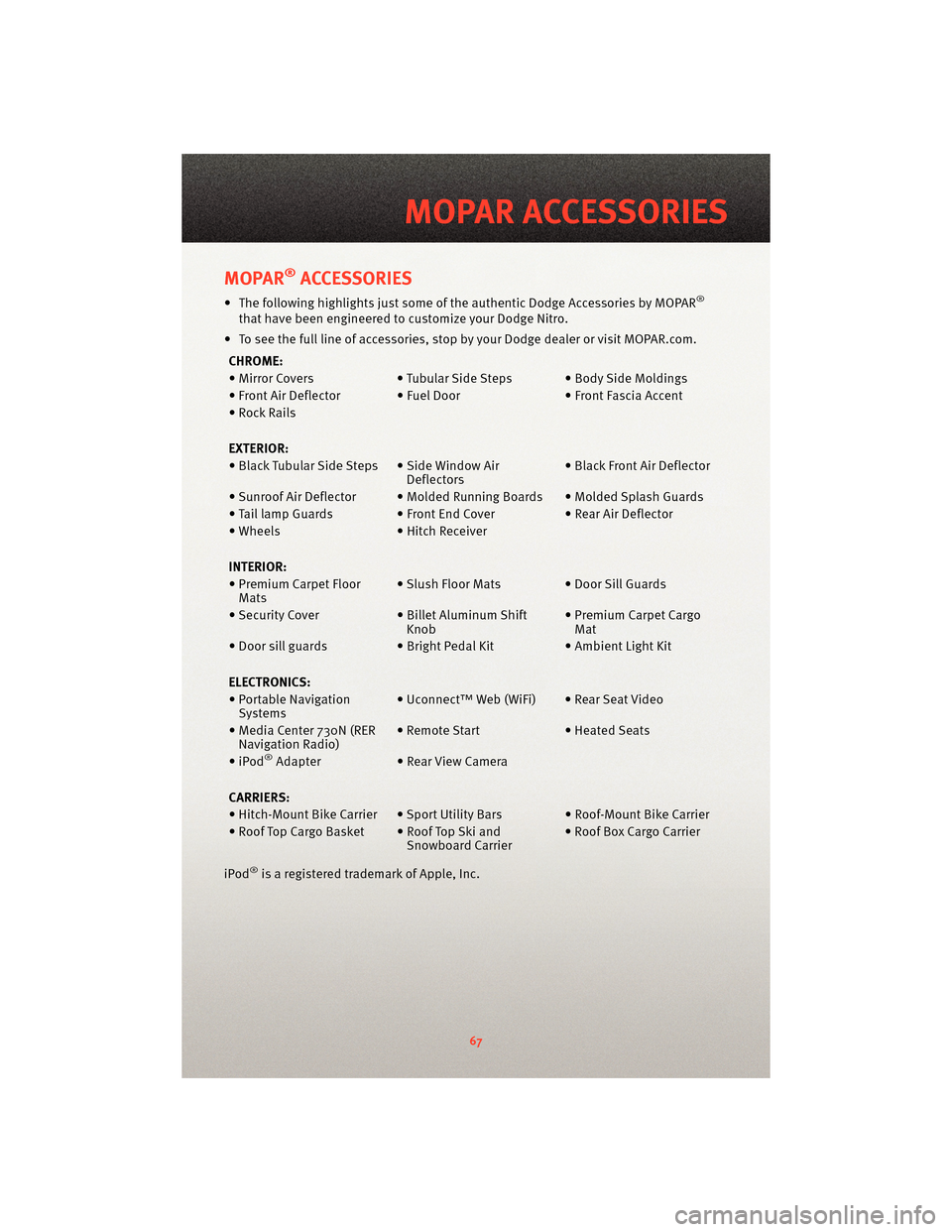 DODGE NITRO 2010 1.G User Guide MOPAR®ACCESSORIES
• The following highlights just some of the authentic Dodge Accessories by MOPAR®
that have been engineered to customize your Dodge Nitro.
• To see the full line of accessories DODGE NITRO 2010 1.G User Guide MOPAR®ACCESSORIES
• The following highlights just some of the authentic Dodge Accessories by MOPAR®
that have been engineered to customize your Dodge Nitro.
• To see the full line of accessories