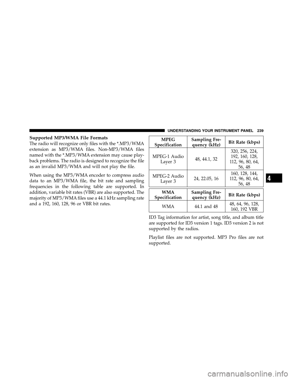 DODGE NITRO 2011 1.G Owners Manual Supported MP3/WMA File Formats
The radio will recognize only files with the *.MP3/WMA
extension as MP3/WMA files. Non-MP3/WMA files
named with the *.MP3/WMA extension may cause play-
back problems. Th