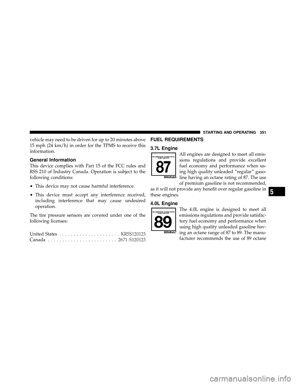 DODGE NITRO 2011 1.G Owners Manual vehicle may need to be driven for up to 20 minutes above
15 mph (24 km/h) in order for the TPMS to receive this
information.
General Information
This device complies with Part 15 of the FCC rules and
DODGE NITRO 2011 1.G Owners Manual vehicle may need to be driven for up to 20 minutes above
15 mph (24 km/h) in order for the TPMS to receive this
information.
General Information
This device complies with Part 15 of the FCC rules and