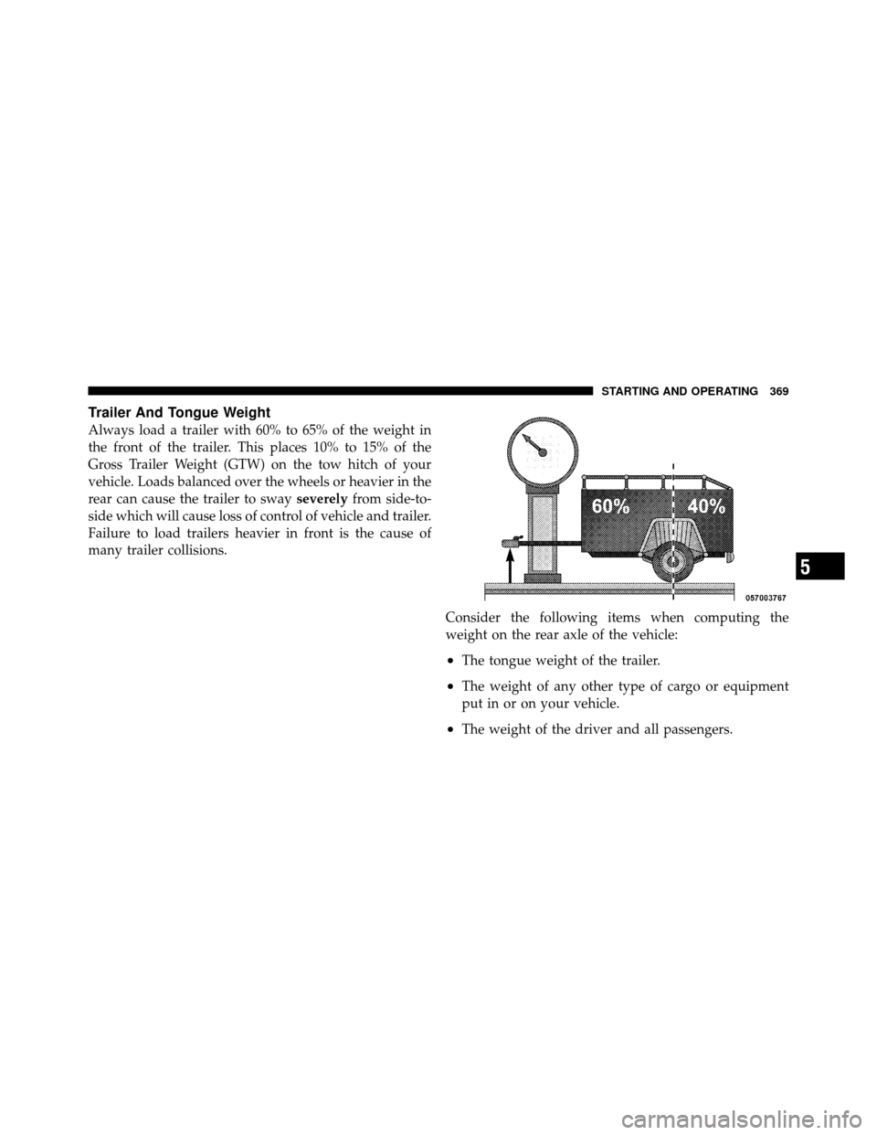 DODGE NITRO 2011 1.G Owners Manual Trailer And Tongue Weight
Always load a trailer with 60% to 65% of the weight in
the front of the trailer. This places 10% to 15% of the
Gross Trailer Weight (GTW) on the tow hitch of your
vehicle. Lo DODGE NITRO 2011 1.G Owners Manual Trailer And Tongue Weight
Always load a trailer with 60% to 65% of the weight in
the front of the trailer. This places 10% to 15% of the
Gross Trailer Weight (GTW) on the tow hitch of your
vehicle. Lo