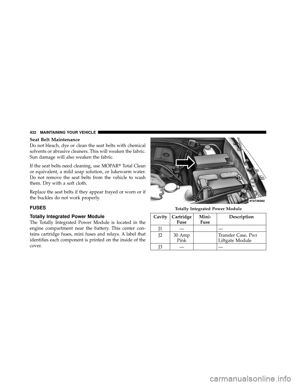 DODGE NITRO 2011 1.G Owners Manual Seat Belt Maintenance
Do not bleach, dye or clean the seat belts with chemical
solvents or abrasive cleaners. This will weaken the fabric.
Sun damage will also weaken the fabric.
If the seat belts nee