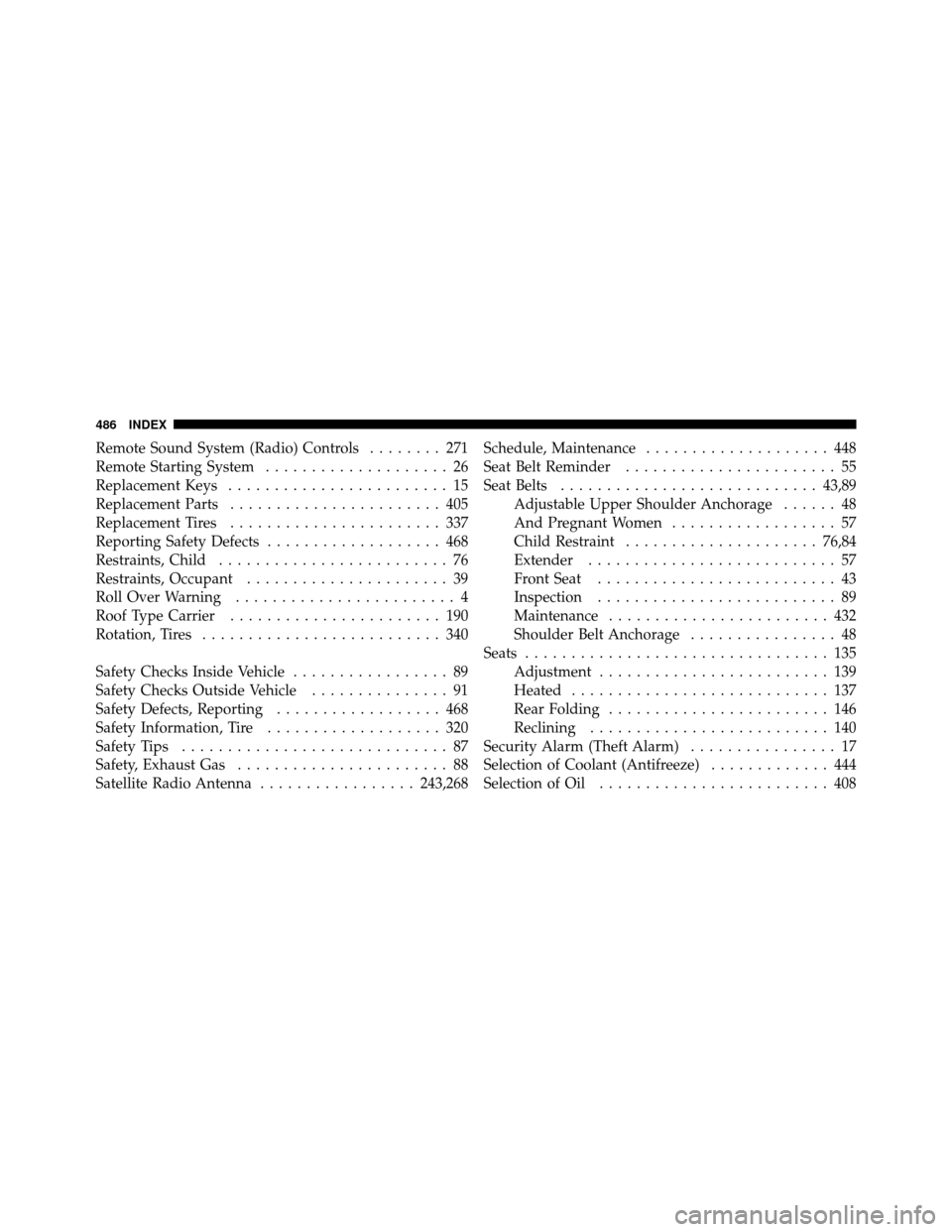 DODGE NITRO 2011 1.G User Guide Remote Sound System (Radio) Controls........ 271
Remote Starting System .................... 26
Replacement Keys ........................ 15
Replacement Parts ....................... 405
Replacement T