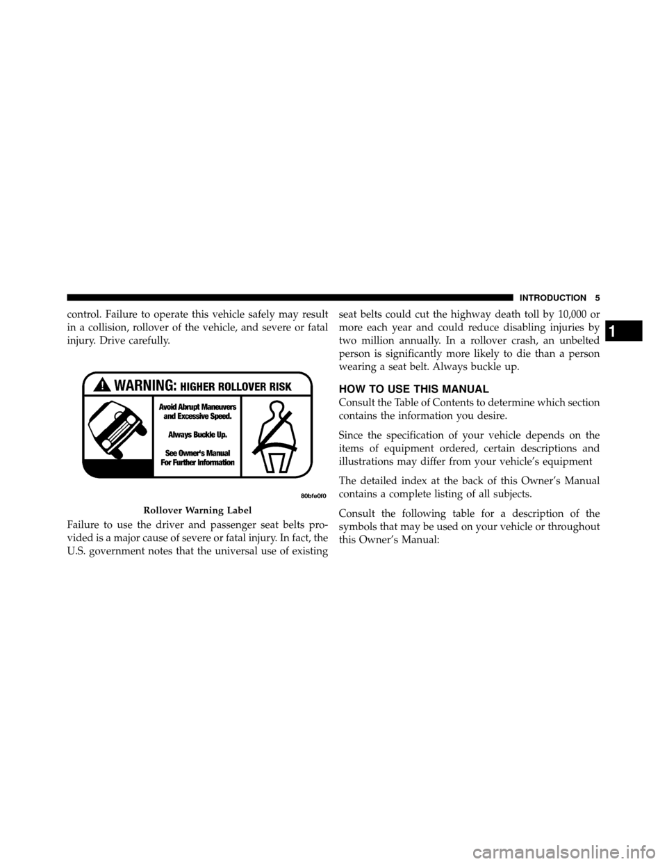 DODGE NITRO 2011 1.G Owners Manual control. Failure to operate this vehicle safely may result
in a collision, rollover of the vehicle, and severe or fatal
injury. Drive carefully.
Failure to use the driver and passenger seat belts pro-