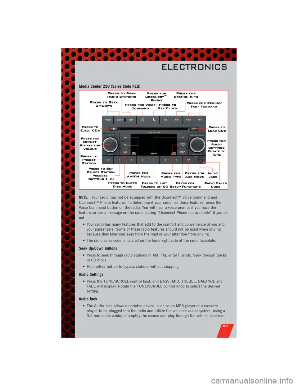 DODGE NITRO 2011 1.G User Guide Media Center 230 (Sales Code REQ)
NOTE:Your radio may not be equipped with the Uconnect™ Voice Command and
Uconnect™ Phone features. To determine if your radio has these features, press the
Voice 