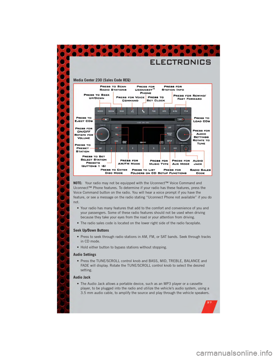 DODGE NITRO 2011 1.G Owners Manual Media Center 230 (Sales Code REQ)
NOTE:Your radio may not be equipped with the Uconnect™ Voice Command and
Uconnect™ Phone features. To determine if your radio has these features, press the
Voice 