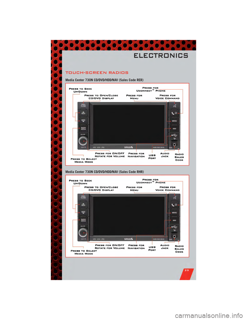 DODGE NITRO 2011 1.G User Guide TOUCH-SCREEN RADIOS
Media Center 730N CD/DVD/HDD/NAV (Sales Code RER)
Media Center 730N CD/DVD/HDD/NAV (Sales Code RHR)
ELECTRONICS
29 