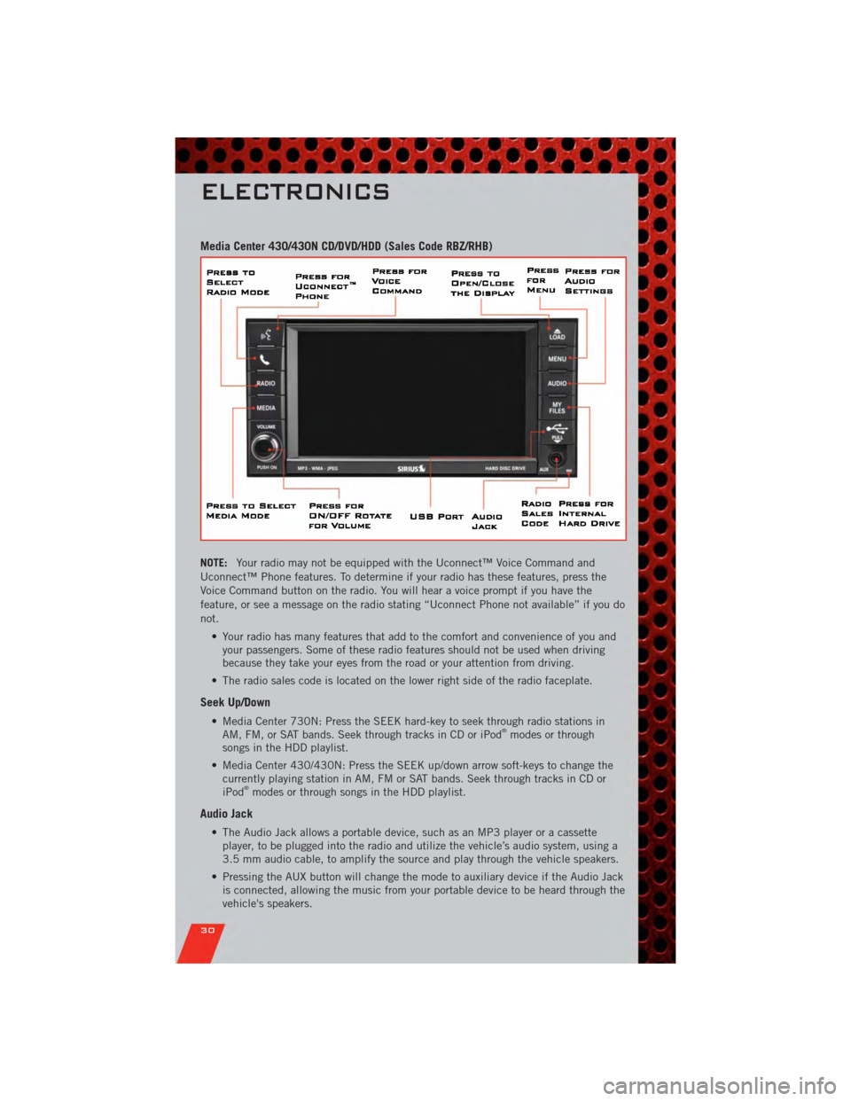 DODGE NITRO 2011 1.G User Guide Media Center 430/430N CD/DVD/HDD (Sales Code RBZ/RHB)
NOTE:Your radio may not be equipped with the Uconnect™ Voice Command and
Uconnect™ Phone features. To determine if your radio has these featur