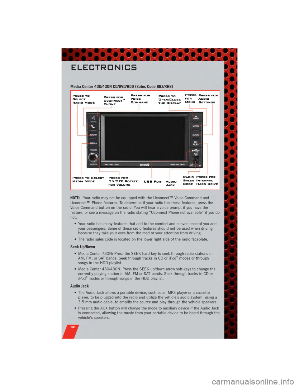 DODGE NITRO 2011 1.G Owners Guide Media Center 430/430N CD/DVD/HDD (Sales Code RBZ/RHB)
NOTE:Your radio may not be equipped with the Uconnect™ Voice Command and
Uconnect™ Phone features. To determine if your radio has these featur DODGE NITRO 2011 1.G Owners Guide Media Center 430/430N CD/DVD/HDD (Sales Code RBZ/RHB)
NOTE:Your radio may not be equipped with the Uconnect™ Voice Command and
Uconnect™ Phone features. To determine if your radio has these featur