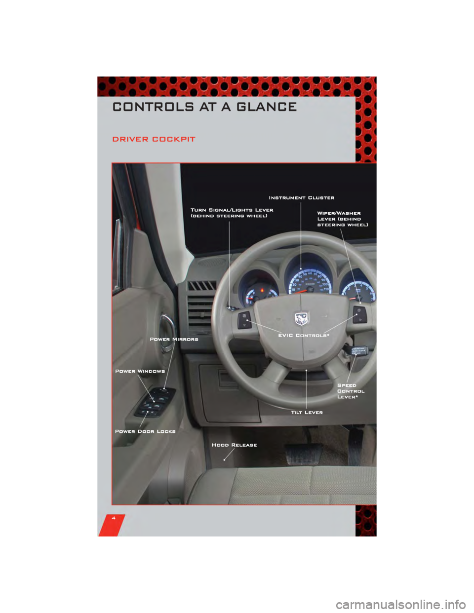 DODGE NITRO 2011 1.G User Guide DRIVER COCKPIT
CONTROLS AT A GLANCE
4 DODGE NITRO 2011 1.G User Guide DRIVER COCKPIT
CONTROLS AT A GLANCE
4