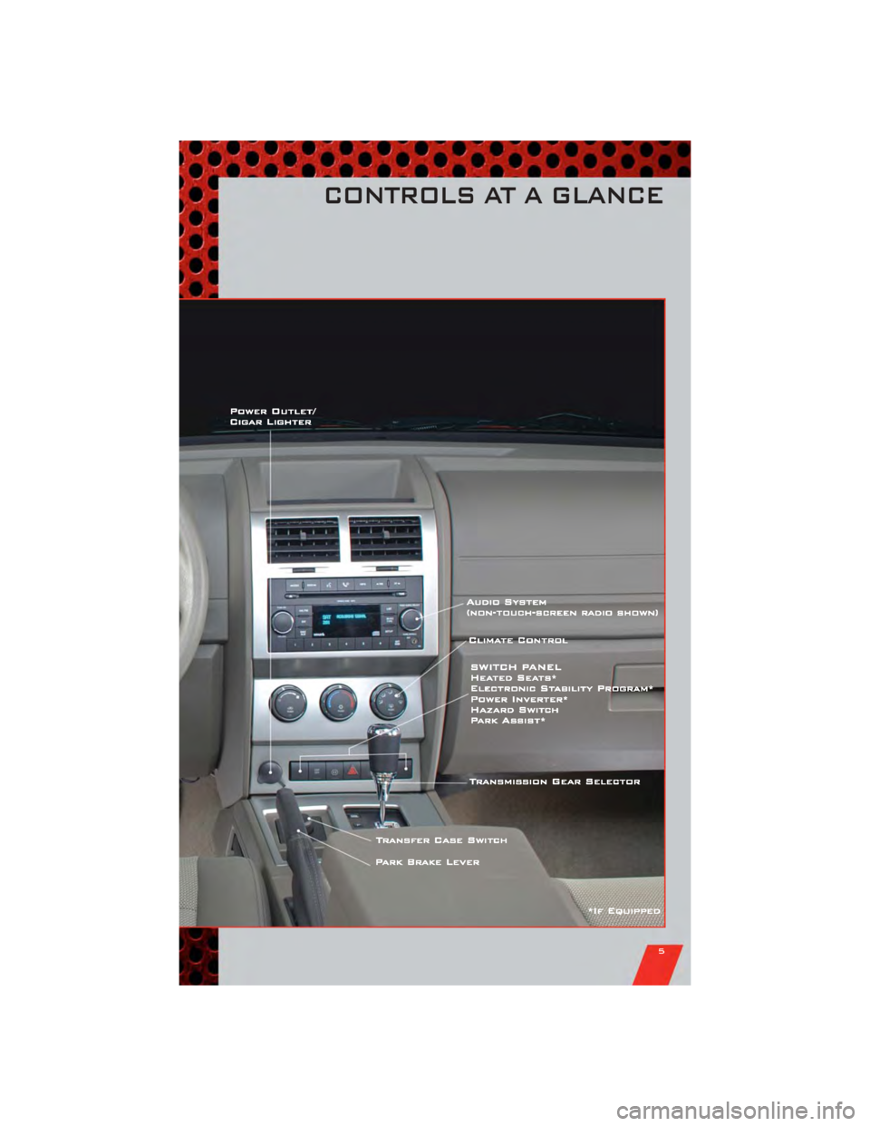 DODGE NITRO 2011 1.G User Guide CONTROLS AT A GLANCE
5 DODGE NITRO 2011 1.G User Guide CONTROLS AT A GLANCE
5