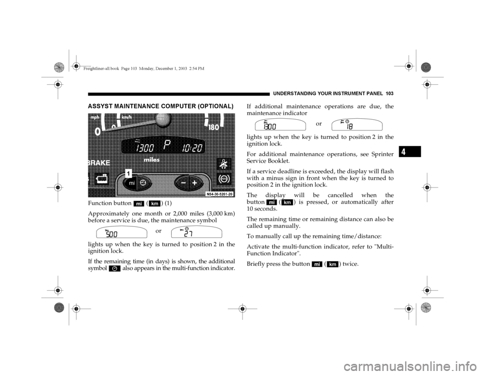 DODGE SPRINTER 2004 1.G Owners Manual UNDERSTANDING YOUR INSTRUMENT PANEL 103
4
A SSYST MA INTENA NCE COMPUTER (OPTIONA L)Function button (‘) (1)
Approximately one month or 2,000 miles (3,000 km)
before a service is due, the maintenance DODGE SPRINTER 2004 1.G Owners Manual UNDERSTANDING YOUR INSTRUMENT PANEL 103
4
A SSYST MA INTENA NCE COMPUTER (OPTIONA L)Function button (‘) (1)
Approximately one month or 2,000 miles (3,000 km)
before a service is due, the maintenance