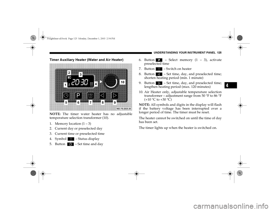 DODGE SPRINTER 2004 1.G Owners Manual UNDERSTANDING YOUR INSTRUMENT PANEL 125
4
Timer A uxiliary Heater (Water and A ir Heater)NOTE: The timer water heater has no adjustable
temperature selection transformer (10).
1. Memory location (1 �