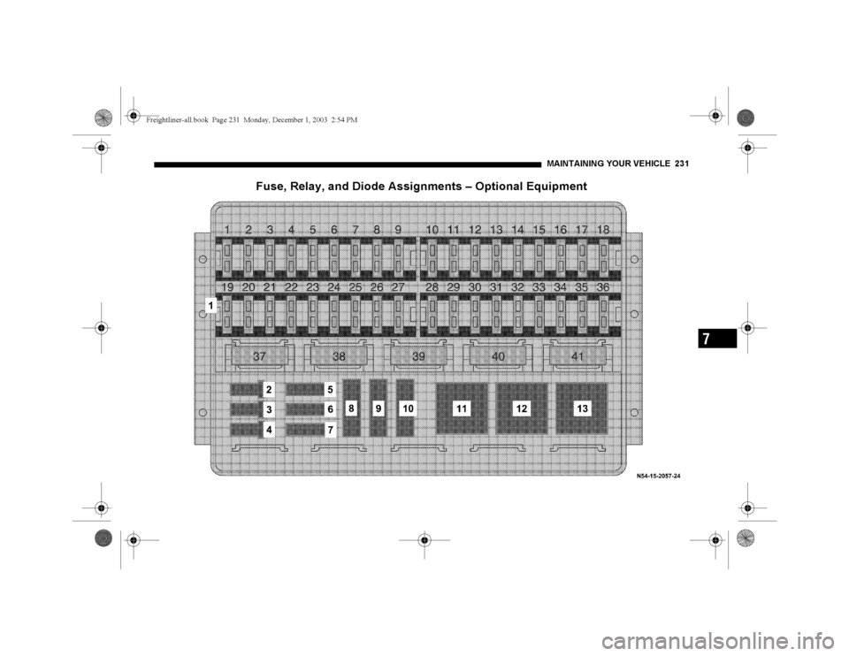 DODGE SPRINTER 2004 1.G Owners Manual MAINTAININ G YOUR VEHICLE 231
7
Fuse, Relay, and Diode Assignments – Optional Equipment
Freightliner-all.book  Pag e 231  Monday, December 1, 2003  2:54 PM 