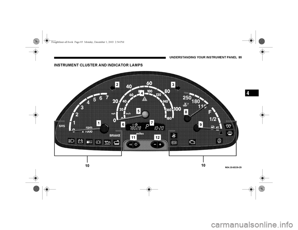 DODGE SPRINTER 2004 1.G Manual Online UNDERSTANDING YOUR INSTRUMENT PANEL 85
4
INSTRUMENT CLUSTER A ND INDICA TOR LA MPSFreightliner-all.book  Pag e 85  Monday , December 1, 2003  2:54 PM 