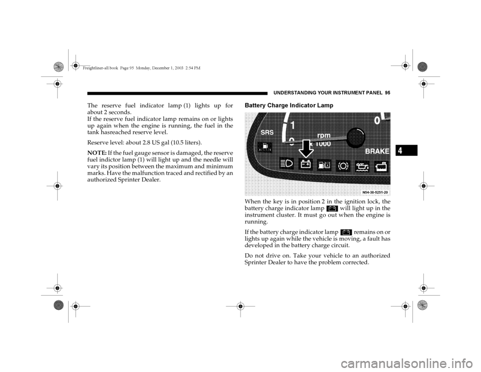 DODGE SPRINTER 2004 1.G Owners Manual UNDERSTANDING YOUR INSTRUMENT PANEL 95
4
The reserve fuel indicator lamp (1) lights up for
about 2 seconds.
If the reserve fuel indicator lamp remains on or lights
up again when the engine is running,