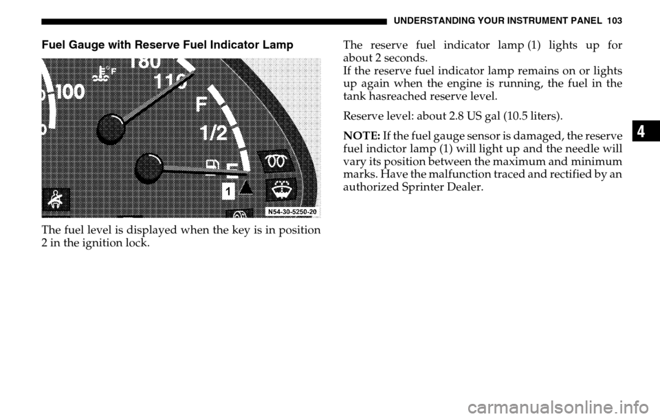 DODGE SPRINTER 2005 1.G Owners Manual UNDERSTANDING YOUR INSTRUMENT PANEL 103
4
Fuel Gauge with Reserve Fuel Indicator LampThe fuel level is displayed when the key is in position 
2 in the ignition lock. The reserve fuel indicator lamp (1