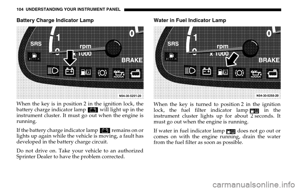 DODGE SPRINTER 2005 1.G Owners Guide 104 UNDERSTANDING YOUR INSTRUMENT PANELBattery Charge Indicator LampWhen the key is in position 2 in the ignition lock, the
battery charge indicator lamp # will light up in the
instrument cluster. I DODGE SPRINTER 2005 1.G Owners Guide 104 UNDERSTANDING YOUR INSTRUMENT PANELBattery Charge Indicator LampWhen the key is in position 2 in the ignition lock, the
battery charge indicator lamp # will light up in the
instrument cluster. I