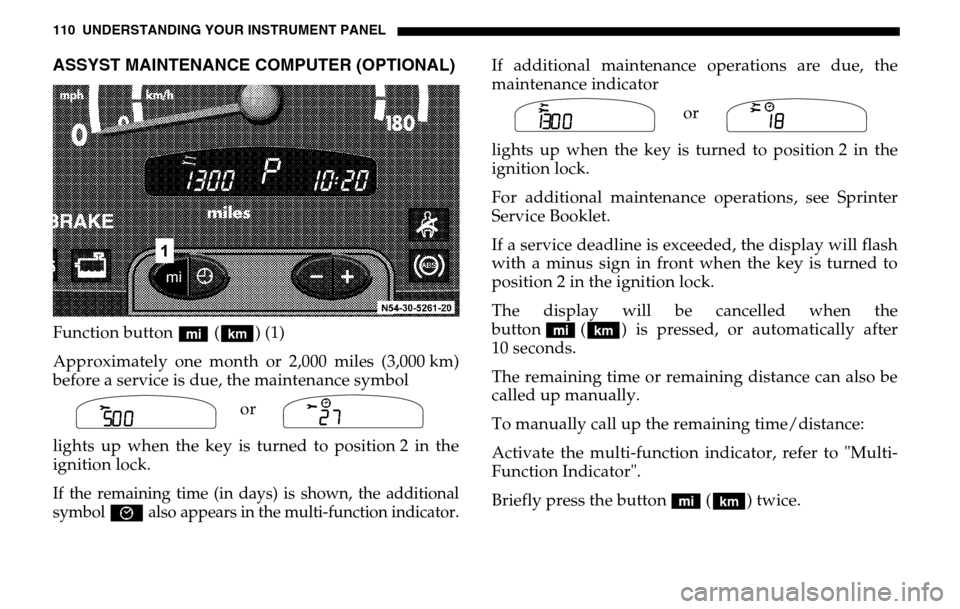 DODGE SPRINTER 2005 1.G Owners Manual 110 UNDERSTANDING YOUR INSTRUMENT PANELASSYST MAINTENANCE COMPUTER (OPTIONAL)Function button (‘) (1) 
Approximately one month or 2,000 miles (3,000 km) 
before a service is due, the maintenance symb