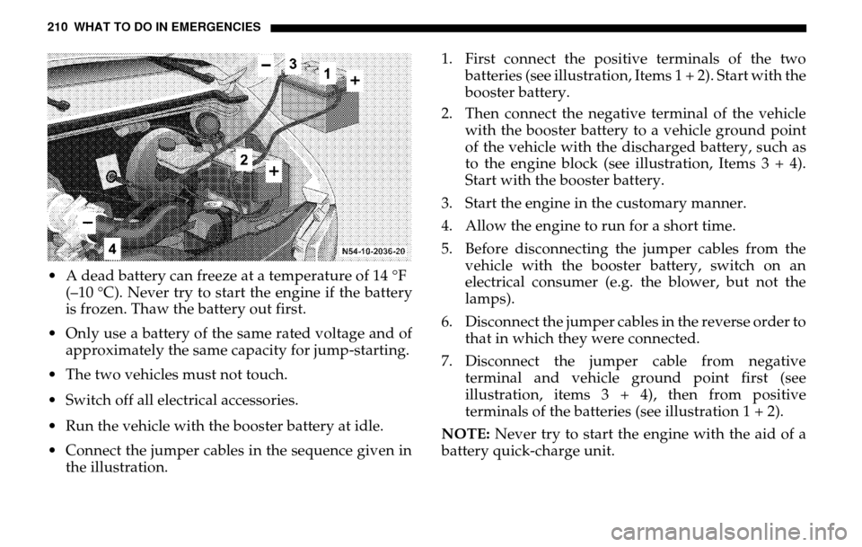 DODGE SPRINTER 2005 1.G Manual PDF 210 WHAT TO DO IN EMERGENCIES A dead battery can freeze at a temperature of 14
°F 
(–10
°C). Never try to start the engine if the battery 
is frozen. Thaw the battery out first. 
 Only use a bat