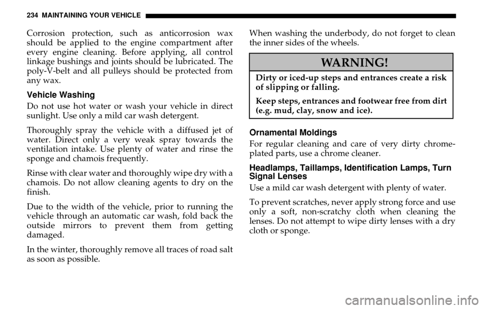 DODGE SPRINTER 2005 1.G Owners Manual 234 MAINTAINING YOUR VEHICLECorrosion protection, such as anticorrosion wax 
should be applied to the engine compartment after
every engine cleaning. Before applying, all control 
linkage bushings and