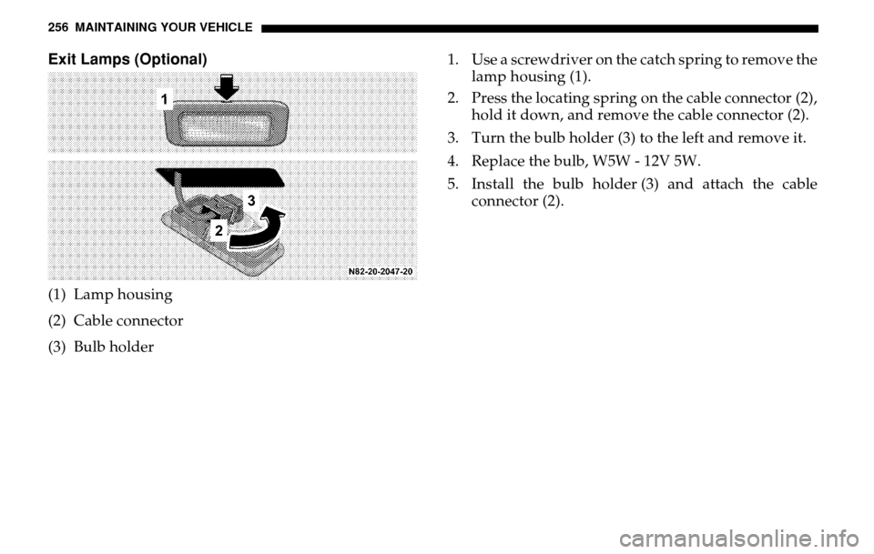 DODGE SPRINTER 2005 1.G Owners Manual 256 MAINTAINING YOUR VEHICLEExit Lamps (Optional)(1) Lamp housing 
(2) Cable connector
(3) Bulb holder 1. Use a screwdriver on the catch spring to remove the 
lamp housing (1). 
2. Press the locating 