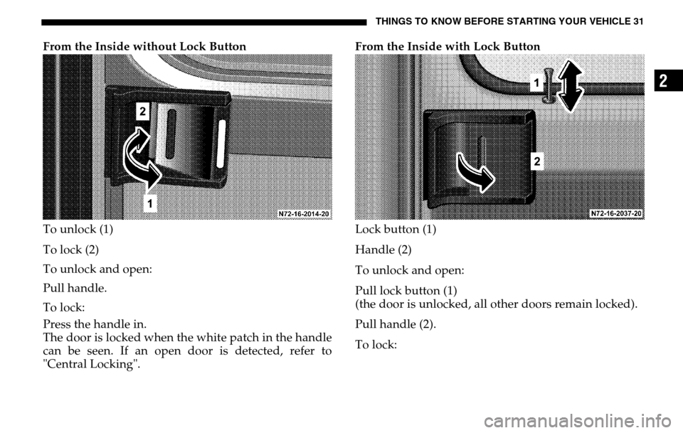 DODGE SPRINTER 2005 1.G Owners Guide THINGS TO KNOW BEFORE STARTING YOUR VEHICLE 31
2
From the Inside without Lock Button 
To unlock (1) 
To lock (2) 
To unlock and open:
Pull handle. 
To lock: 
Press the handle in. 
The door is locked w
