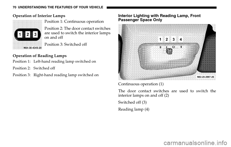 DODGE SPRINTER 2005 1.G Repair Manual 70 UNDERSTANDING THE FEATURES OF YOUR VEHICLEOperation of Interior Lamps Position 1: Continuous operation 
Position 2: The door contact switches 
are used to switch the interior lamps 
on and off 
Pos