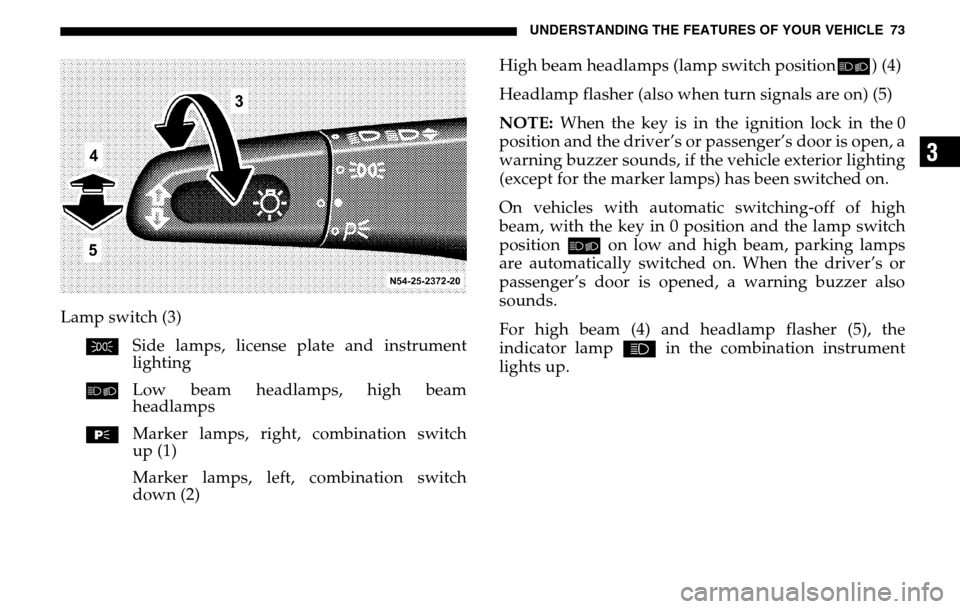 DODGE SPRINTER 2005 1.G Owners Manual UNDERSTANDING THE FEATURES OF YOUR VEHICLE 73
3
Lamp switch (3) C  Side lamps, license plate and instrument 
lighting 
õ  Low beam headlamps, high beam 
headlamps 
ƒ  Marker lamps, right, combinatio