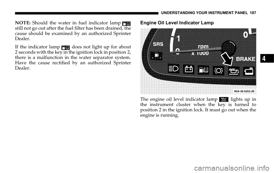 DODGE SPRINTER 2006 1.G Owners Manual UNDERSTANDING YOUR INSTRUMENT PANEL 107
4
NOTE: Should the water in fuel indicator lamp
still not go out after the fuel filter has been drained, the
cause should be examined by an authorized Sprinter
DODGE SPRINTER 2006 1.G Owners Manual UNDERSTANDING YOUR INSTRUMENT PANEL 107
4
NOTE: Should the water in fuel indicator lamp
still not go out after the fuel filter has been drained, the
cause should be examined by an authorized Sprinter