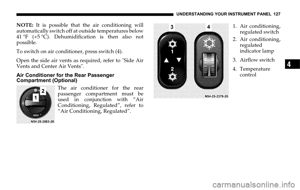 DODGE SPRINTER 2006 1.G Owners Manual UNDERSTANDING YOUR INSTRUMENT PANEL 127
4
NOTE: It is possible that the air conditioning will
automatically switch off at outside temperatures below
41 °F (+5 °C). Dehumidification is then also not
DODGE SPRINTER 2006 1.G Owners Manual UNDERSTANDING YOUR INSTRUMENT PANEL 127
4
NOTE: It is possible that the air conditioning will
automatically switch off at outside temperatures below
41 °F (+5 °C). Dehumidification is then also not